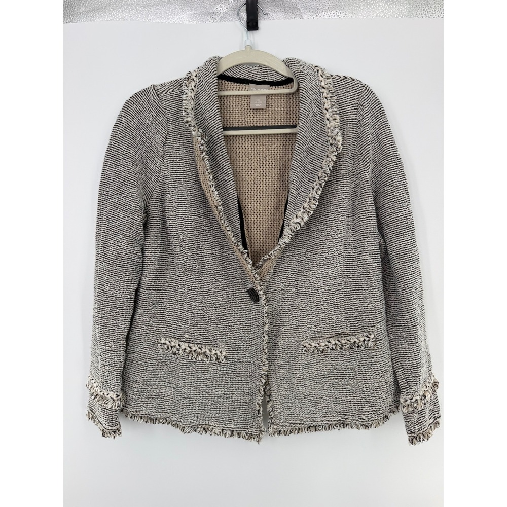 Chicos Black White Striped Knit Blazer Cardigan Fringe Trim Size 4 Small